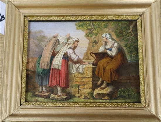 After Bartolomeo Pinelli, overpainted print, A Roman well, 10 x 13.5cm